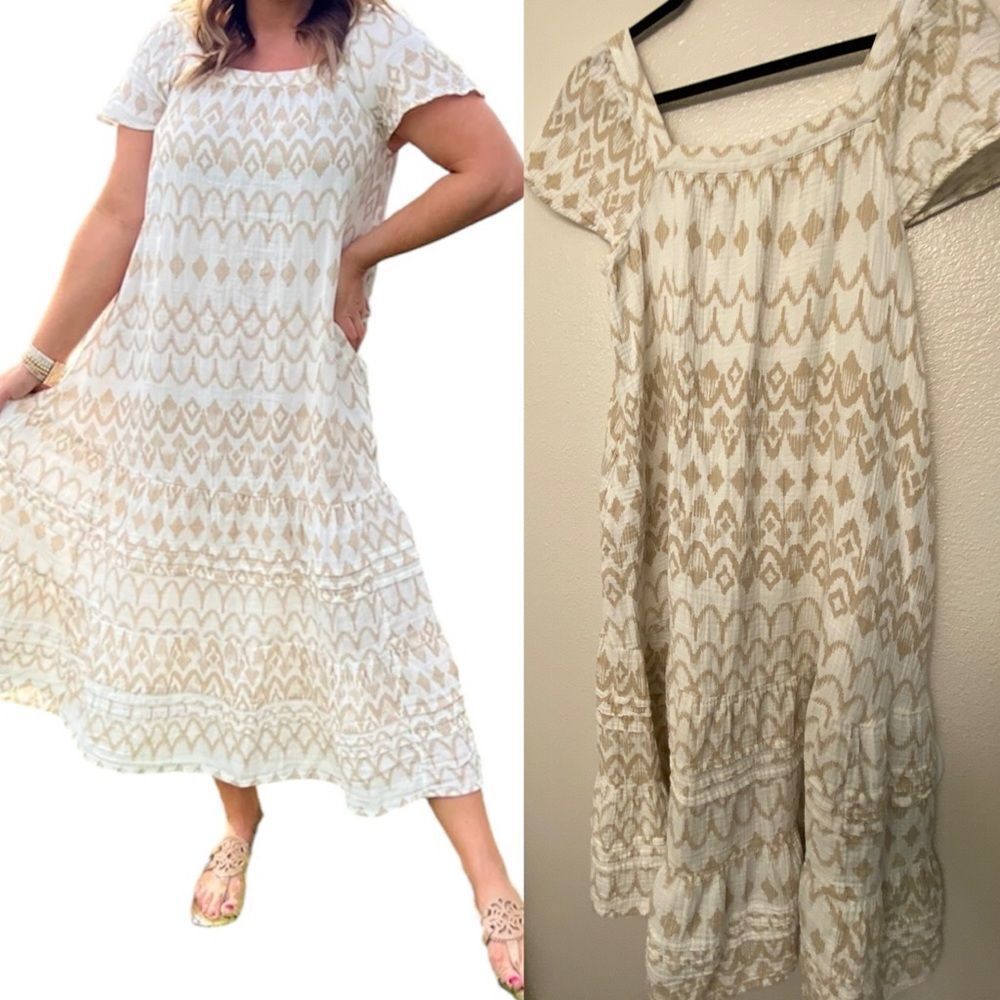 Sonoma Tiered Maxi Dress gauze muslin 100% Cotton Boho square neck oversized M